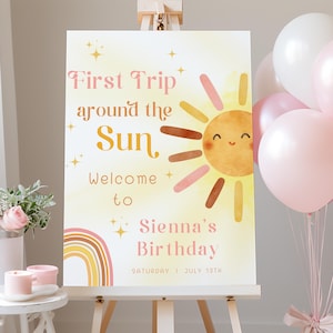 Modello di cartello di benvenuto "Primo giro intorno al sole", primo compleanno a tema sole, cartello per festa di compleanno per bambine, modificabile e stampabile, 3 dimensioni, download digitale