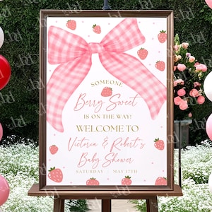 Berry Sweet Baby Shower Welcome Sign Template, Editable & Printable Pink Bow Sign, Strawberry Summer Baby Shower, Digital Download