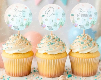 Oneder the Sea Cupcake Toppers template, Ocean theme Party Decor, Digital Download