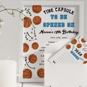 Plantilla de cápsula del tiempo de cumpleaños de baloncesto, tarjetas de mensaje con temática deportiva, suministros imprimibles y editables para el primer cumpleaños, descarga digital