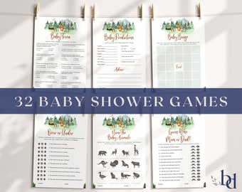 Peut inclure: Un ensemble de 32 jeux de baby shower imprimables sur le thème de la forêt. Les jeux comprennent Baby Trivia, Baby Predictions, Baby Bingo, Plus ou Moins, Nommez les animaux bébés et Devinez qui est maman ou papa. Les jeux présentent un fond aquarelle avec une scène de forêt et de mignons animaux de la forêt.