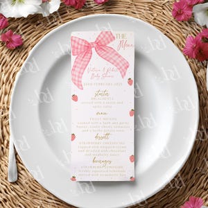 Modèle de carte de menu doux baies, menu de douche de bébé aux fraises imprimable et modifiable, fournitures de douche de bébé noeud rose, téléchargement numérique