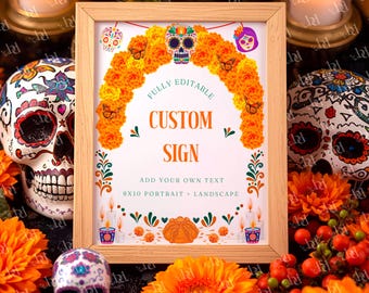 Custom Day of the Dead Sign Template, Sugar Skulls & Cempasúchil (Digital Download)