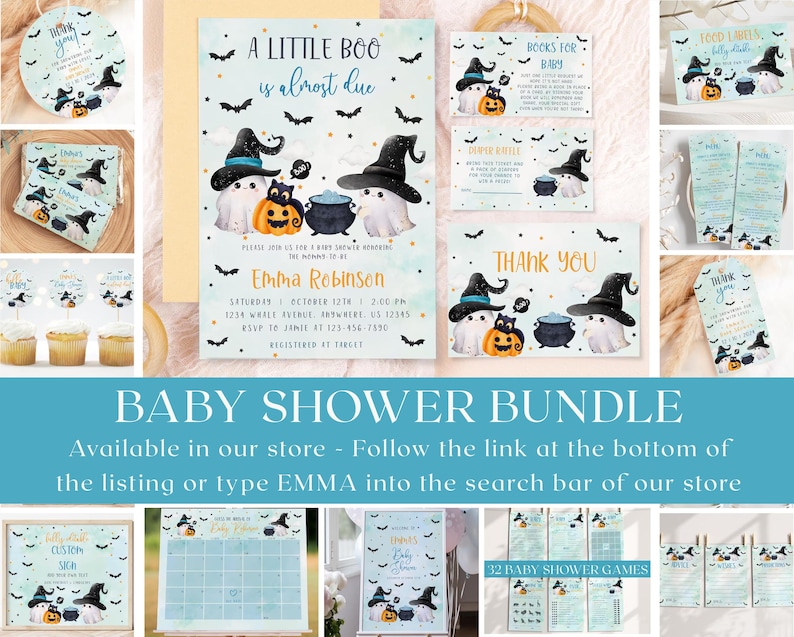 Peut inclure: Un ensemble d'invitations de f&ecirc;te pr&eacute;natale sur le th&egrave;me d'Halloween. L'invitation pr&eacute;sente un fond bleu avec des chauves-souris blanches, des &eacute;toiles et des fant&ocirc;mes portant des chapeaux de sorci&egrave;re. Le texte indique "A Little Boo is Almost Due". L'ensemble comprend une vari&eacute;t&eacute; d'articles imprimables, tels que des invitations, des cartes de remerciement, des &eacute;tiquettes alimentaires et des jeux.