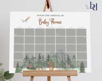 May include: A printable calendar with a woodland theme for a baby shower. The calendar has a gray background with white text and numbers. The text "Guess the Arrival of Baby Thomas" is at the top of the calendar. The due date is marked with a heart.