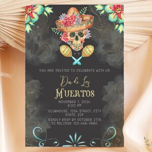 Tag der Toten Einladungsvorlage, benutzerdefinierte Dia de los Muertos einladen, bearbeitbare und druckbare Einladung Zuckerschädel, digitaler Download