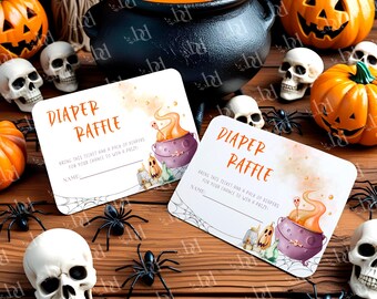 赤ちゃん誕生おむつくじテンプレート、編集・印刷可能なハロウィンベビーシャワーおむつくじチケット、デジタルダウンロード
