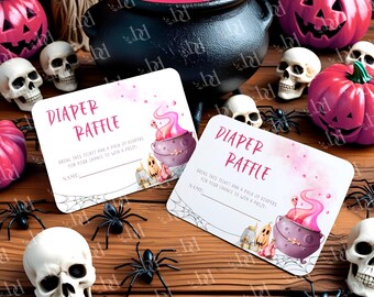 ハロウィンテーマのベビーシャワー用おむつ抽選券テンプレート（デジタルダウンロード）