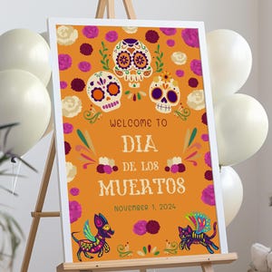 Plantilla de signo de bienvenida del Día de Muertos, cartel del Día de los Muertos, signo editable e imprimible de calaveras de azúcar + Cempasúchil, descarga digital