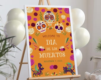 Day of the Dead Welcome Sign Template, Sugar Skulls & Cempasúchil (Digital Download)