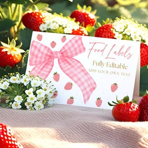 Modelo de rótulos de alimentos com frutas vermelhas, cartão de lugar de primeiro aniversário de morango, rótulos de nome de primeiro aniversário com laço rosa editáveis e imprimíveis, download digital