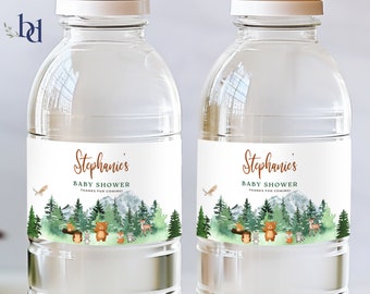 May include: Two clear plastic water bottles with labels that say "Stephanie's Baby Shower Thanks for coming!" The labels feature a watercolor illustration of a forest scene with a brown bear, a deer, a fox, a squirrel, and a hedgehog.