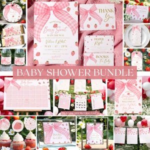 Mall för söt babyshowerinbjudningar, jordgubbs- och sommarinbjudningspaket, rosa rosett, kokett babyshowerset, digital nedladdning