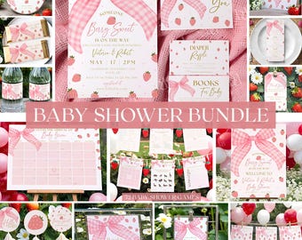 Berry Sweet Baby Shower Invitation Bundle Template, Strawberry Summer Baby Shower Pack, Pink Bow, Coquette Baby Shower Set, Digital Download