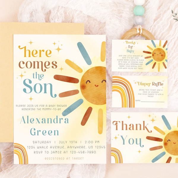 Baby shower, bundle, Here comes the son, books for baby, you are my sunshine, baby shower invitation, boy, diaper raffle, baby shower favors