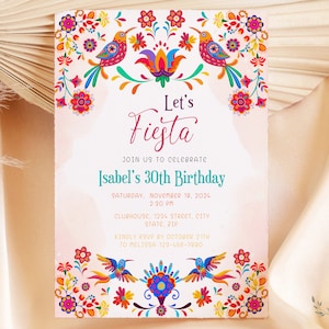 Mexicaanse Otomi 30e verjaardag uitnodiging sjabloon, gepersonaliseerde verjaardag uitnodiging Lest Fiesta thema, bewerkbaar elke leeftijd, 3 maten, digitale download