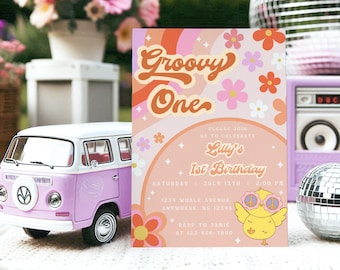 Plantilla de invitación con temática Groovy One, editable e imprimible, para primer cumpleaños hippie, fiesta de cumpleaños retro para niña, descarga digital