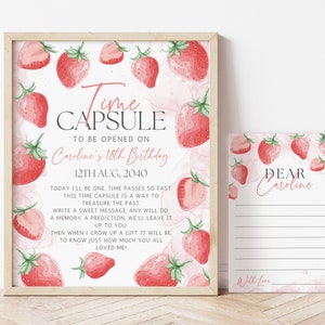 Modelo de cápsula do tempo de 1º aniversário de frutas vermelhas, cartões de mensagem de primeiro aniversário de morango, jogos de festa personalizados e para impressão, download digital