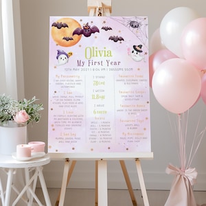 ハロウィーンの 1 歳の誕生日のマイルストーン サイン テンプレート、編集可能な Hey Boo 1 歳の誕生日の赤ちゃんのマイルストーン、印刷可能なパーティー用品、デジタル ダウンロード