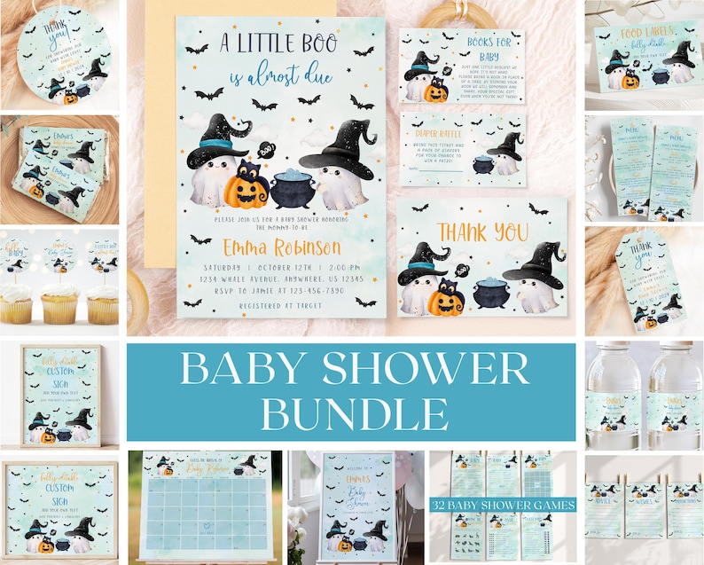 Peut inclure: Un lot de f&ecirc;te pr&eacute;natale sur le th&egrave;me d'Halloween. Le lot comprend des invitations, des cartes de remerciement, des &eacute;tiquettes alimentaires, des &eacute;tiquettes pour bouteilles d'eau, des d&eacute;corations pour cupcakes et des jeux. Le design pr&eacute;sente des fant&ocirc;mes, des chauves-souris, des chaudrons et des citrouilles dans un sch&eacute;ma de couleurs bleu et blanc.