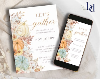 Family Reunion invitation template, Friendsgiving dinner, Pumpkins invitation for Thanksgiving decor,Turkey dinner,Thanksgiving digital card