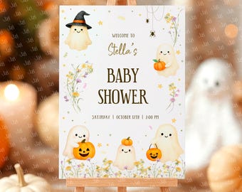 Little Boo Baby Shower Welcome Sign templates, Halloween Welcome Poster, Gender Neutral, Digital Download