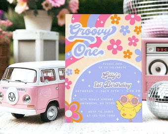 Plantilla de invitación con temática Groovy One, editable e imprimible, para primer cumpleaños hippie, fiesta de cumpleaños retro para niña, descarga digital