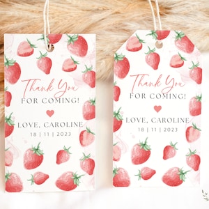 Modèle d'étiquettes cadeaux baies, fraises 1er anniversaire faveurs, étiquettes de remerciement premier anniversaire baies modifiables et imprimables, téléchargement numérique