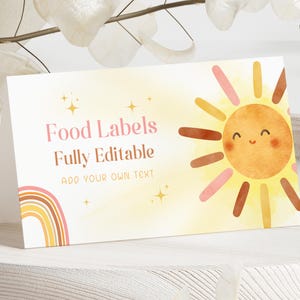 Modèle d'étiquettes de nourriture pour premier anniversaire, marque de lieu premier voyage autour du soleil, étiquettes nominatives soleil modifiables et imprimables, 2 tailles, téléchargement numérique