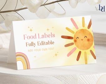 First Birthday Food Labels template, First Trip Around The Sun Place Card, Editable & Printable Sun Name Labels, 2 sizes, Digital Download