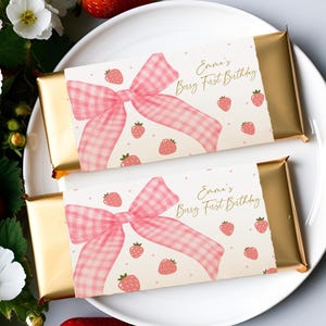 Berry Chocolate Bar Wrapper Template, Editable & Printable Strawberry 1st birthday Candy Bar, Pink Bow First Party Decor, Digital Download.