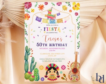 Modèle d'invitation d'anniversaire mexicaine pour tout âge, invitation d'anniversaire fiesta modifiable, invitation numérique à une soirée à thème mexicaine, également version espagnole.