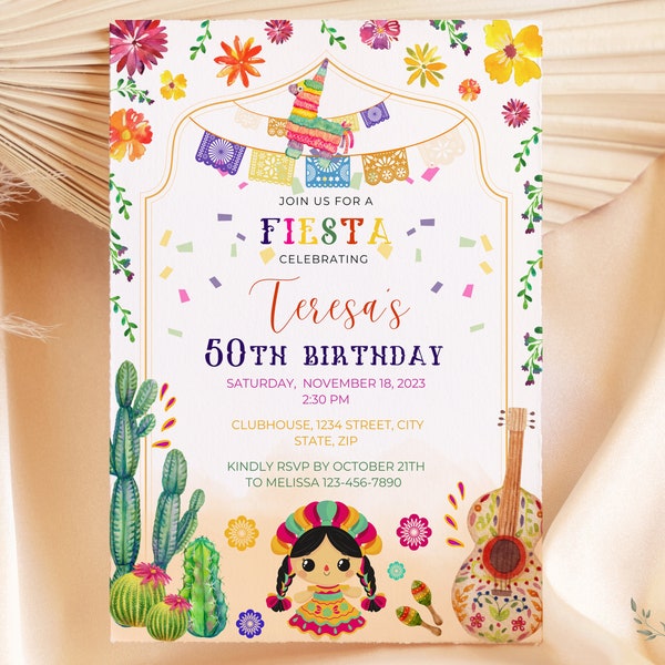 Mexican birthday invitation template Any Age, Editable Fiesta Birthday Invite, Mexican theme party digital invitation, also Spanish version.