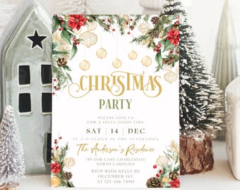 Christmas Invitation Template, Editable & Printable Christmas Party Invitation with Poinsettia + Greenery, 3 Sizes, Digital Download