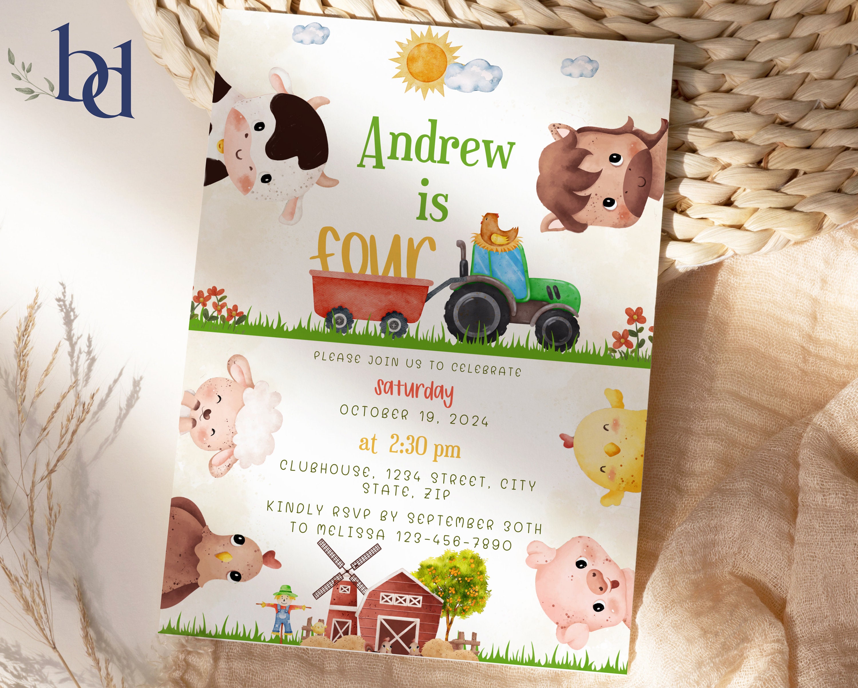 Farm Animals Birthday Invitation Template, Editable Farm Party Invite ...