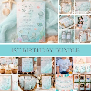 May include: A 1st birthday party bundle featuring an under the sea theme with light blue and teal colors. Includes invitations, food labels, candy wrappers, water bottle labels, cupcake toppers, signs, a t-shirt, banners, and photo cards.