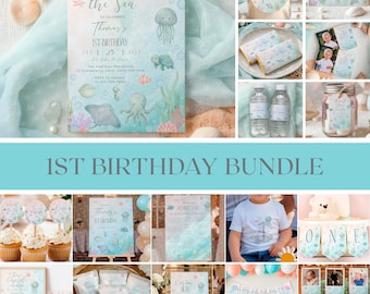 Oneder the Sea First Birthday Bundle template, Ocean Theme Party Kids Package, Digital Download