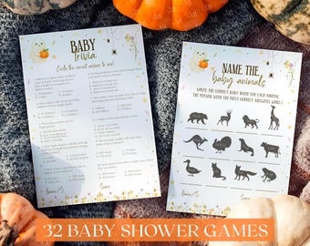 Halloween Baby Shower Games Bundle, Trivia and Name Animals Activity (Digital Download)
