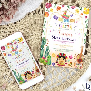 May include: A colorful invitation for a 50th birthday party with a fiesta theme. The invitation features a pinata, a guitar, cacti, and a traditional Mexican doll. The text on the invitation reads "Join us for a Fiesta celebrating Teresa's 50th Birthday".