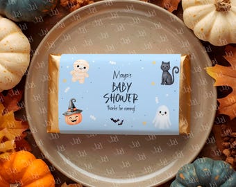 Little Boo Baby Shower Chocolate Wrappers, Editable Halloween Party Favors, Blue (Digital Download)
