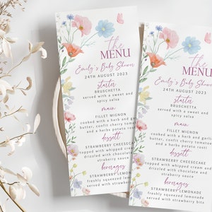Plantilla de tarjeta de menú Baby in Bloom, plantilla de menú de baby shower de WildFlower, suministros de baby shower con flores imprimibles y editables, descarga digital