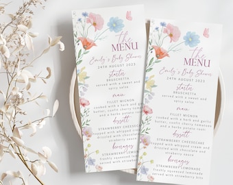 Baby in Bloom Menu Card template, WildFlower Baby shower Menu Template, Printable & Editable Flowers Baby Shower Supplies, Digital Download