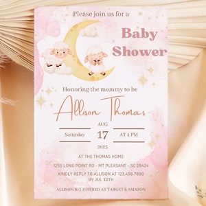 Little Lamb Baby Shower Invitation Template, Printable & Editable Lamb Baby Shower Invite, Pink baby shower, Digital download