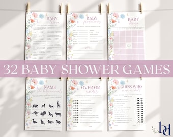May include: A set of 32 printable baby shower games with floral designs. The games include trivia, predictions, bingo, name the baby animals, over or under, and guess who mom or dad.