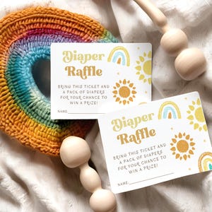 Hier komt de zoon luierloterijsjabloon, bewerkbare en afdrukbare regenboogkaart, zomer babyshower benodigdheden, digitale download