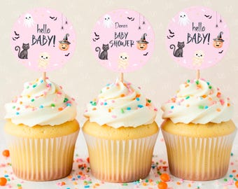 Little Boo Baby Shower Cupcake Toppers, Editable Halloween Baby Party Decor, Pink, Digital Download