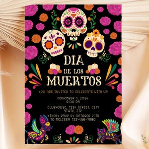 Day of the Dead Einladung Vorlage, Dista de los Muertos Einladen, bearbeitbare & druckbare Einladung Sugar Skulls + Cempasúchil, digitaler Download