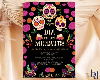 Day of the Dead Invitation Template, Sugar Skulls (Digital Download)