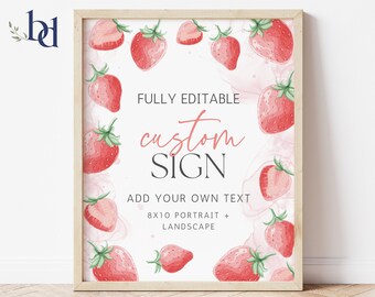 Berry Custom Sign template, Strawberry 1st birthday, Editable & Printable First Birthday girl, 3 Signs, sizes 10x8 8x10, Digital download