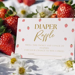 Berry Sweet Windel Raffle Vorlage, bearbeitbar & druckbar Pink Bow Windel Verlosungskarte, Erdbeer-Baby-Dusche-Spiel, digitaler Download